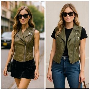 Anine Bing Olive Green Lamb Leather Moto Vest Sleeveless XS